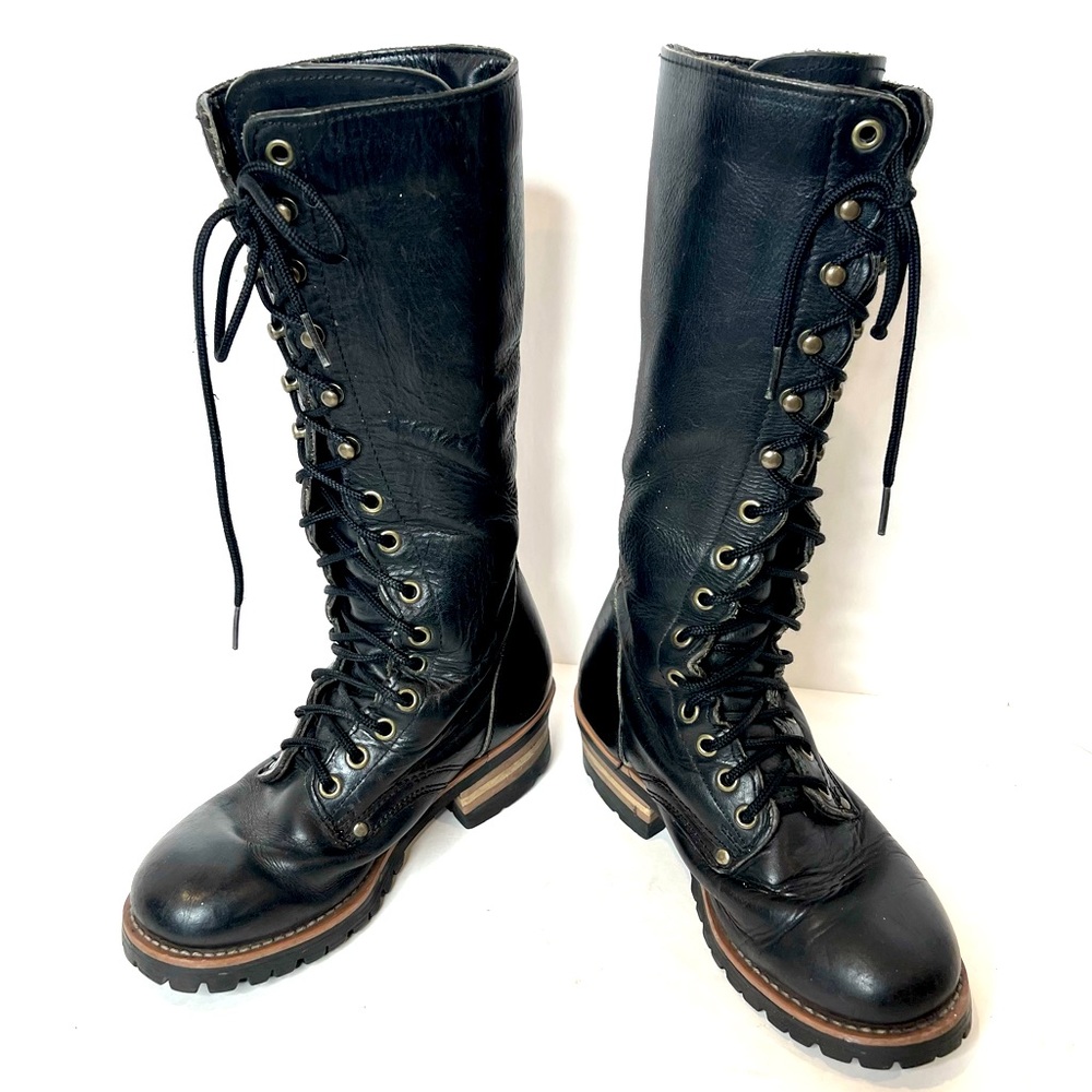 Skechers Tall Boots Genuine Leather Lace Up Platform Moto Combat Biker Size 6